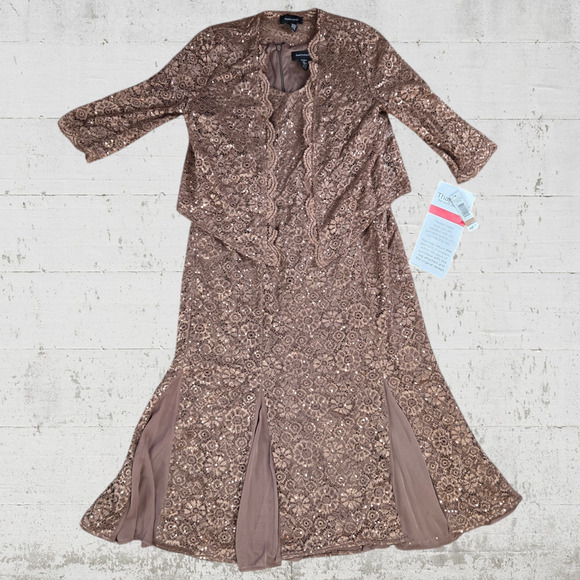90s Vintage Bronze Midi Dress Brown Sequin Floral Lace Column Midi Dress Size 12 - Picture 1 of 16